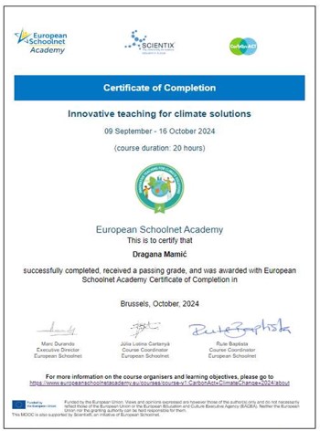 certifikat za scenarij poučavanja od European Schoolnet Academy_Dragana Mamić